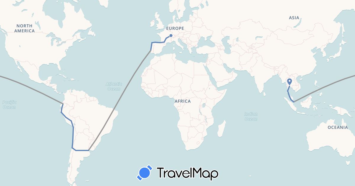 TravelMap itinerary: driving, plane, cycling in Argentina, Chile, Ecuador, Spain, France, Malaysia, Peru, Portugal, Singapore, Thailand (Asia, Europe, South America)